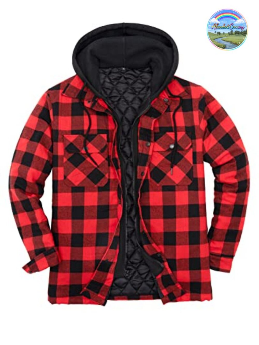 Men's Quilted Lined Hooded Plaid Jacket with Snap Flap Pockets, Cotton